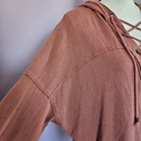 Lace-Up Hooded Pullover Top - Rust - Picture 5 of 14